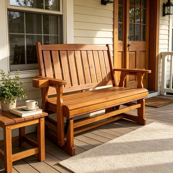 Innovaze Wooden Patio Glider, with Cup Holders, High Back and Deep Contoured Seat, Solid Fir Wood, Heavy Duty 800 LBS,for Outdoor Porch (Teak Tone, 2-Seater)
