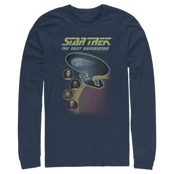 Men's Star Trek: The Next Generation Enterprise with Captain and Crew Portraits  Long Sleeve Shirt Navy Blue Small