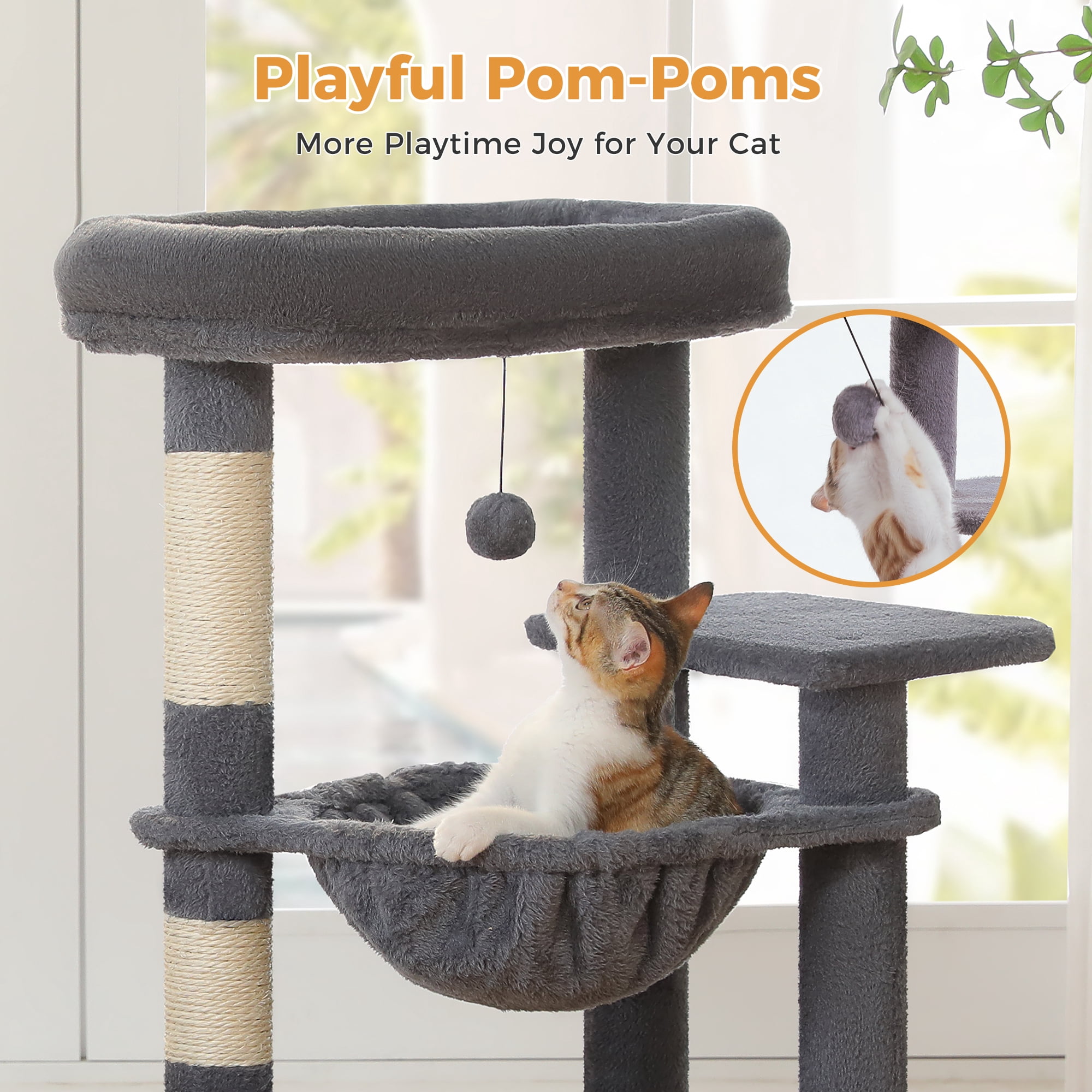 PAWZ Road 36" Cat Tree for Indoor Cats with Cat Condo Scratch Posts Cozy Hammock and Scratch Ladder, Dark Gray