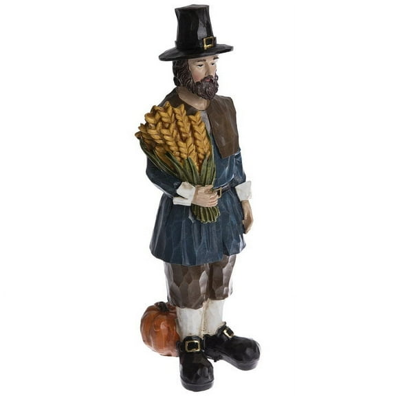Pilgrim Man With Wheat Figurine Holding Pumpkin Fall Autumn Home Decor Gift