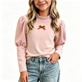 thumbnail image 3 of NORO ARK Girls Blouse (0-10) Puff Long Sleeve Mock Neck Cute Bow Soft Fleece Casual Slim Polyester Tops Pink Size 3T, 3 of 7