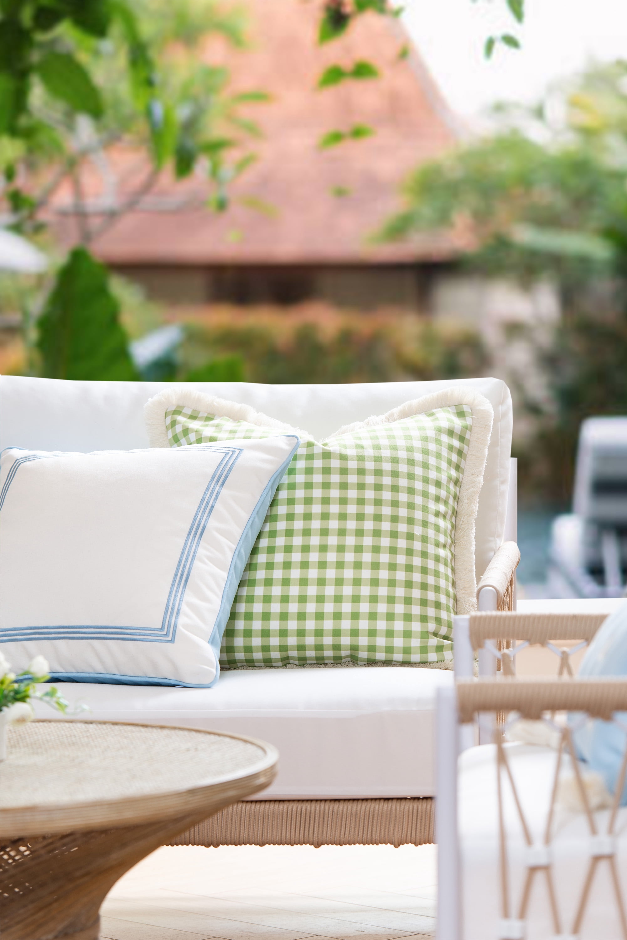 Hofdeco Premium Coastal Patio Indoor Outdoor Pillow Cover Only, 20"x20" Water Resistant for Backyard, Couch, Green Gingham Fringe
