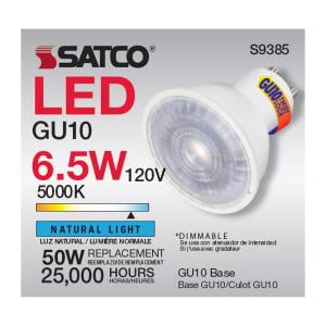 Satco S9385 MR16 6.5W 120V LED Light Bulbs GU10 Bi-Pin Base 5000K 500L Dimmable (12 Pack)