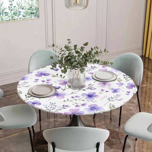 Fitted Tablecloth for Round Table,Spring Purple Blooming Flower Table Cover with Elastic Edge Waterproof Table Cloth,Watercolor Seamless Floral Circle Table Covers for Kitchen Indoor Outdoor Picnic