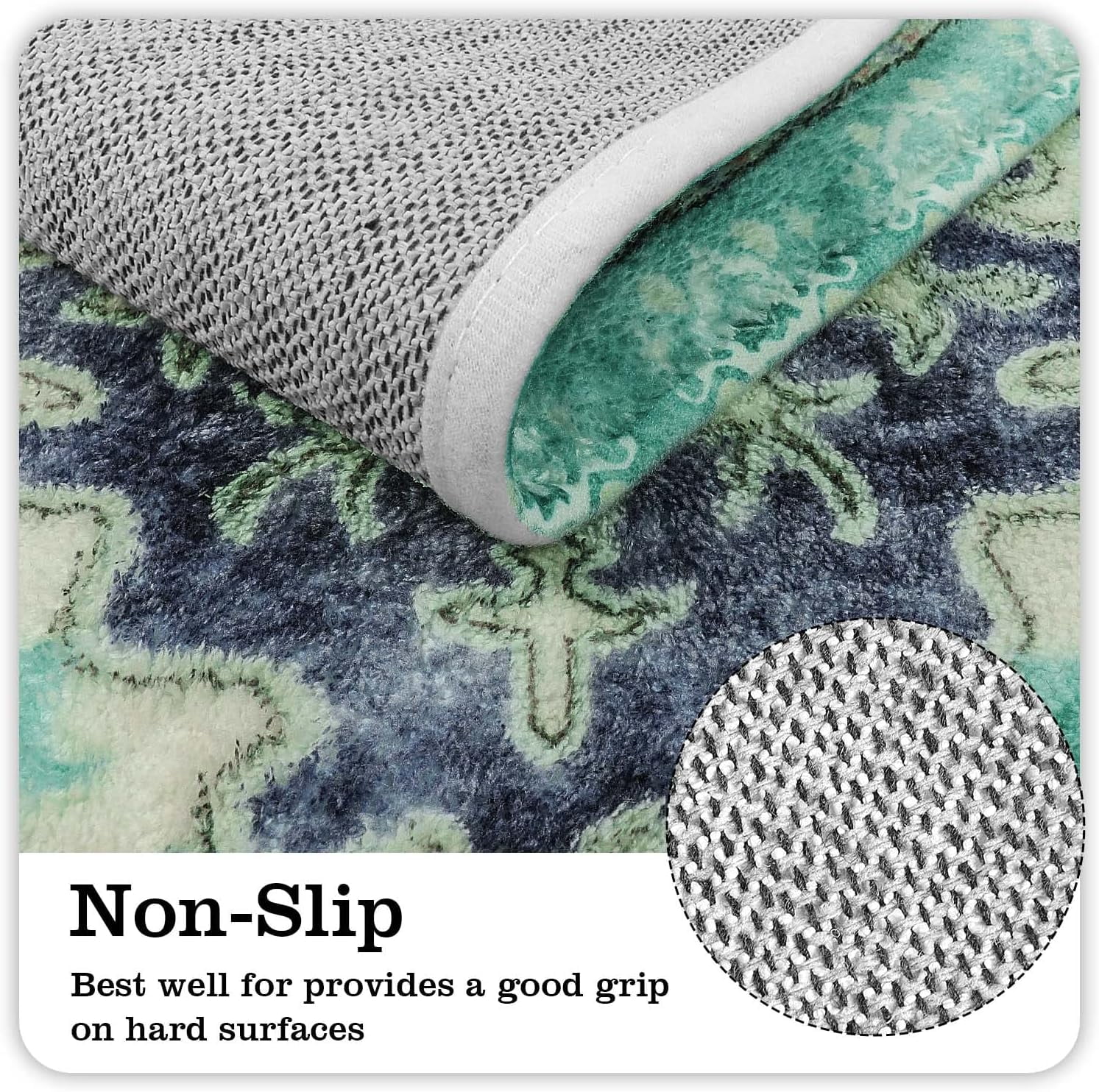 Boho Vintage Bathroom Rug Green Non-Slip Soft Bath Rug Machine Washable Oriental Persian Bathroom Mat Traditional Farmhouse Floral Floor Mats for Bathtub Shower Entryway, 17x31 inch