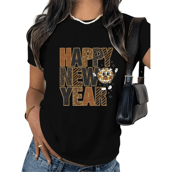 Women's Black Tshirt Graphic Tees Shirts Happy New Year Disco Ball Glitter Design Casual Tops S-5XL