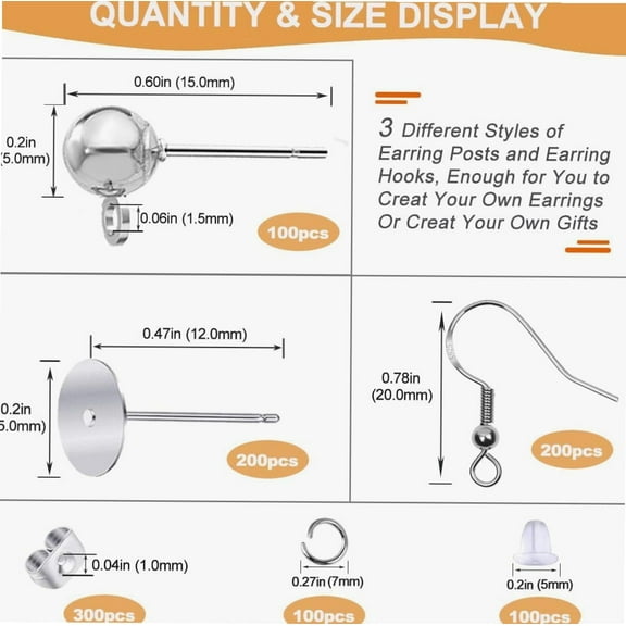 800pcs Hypoallergenic Earring Posts and Backs, 5mm Round Ball Earring Posts, Earring Hooks, 5mm Flat Pad Earring Blanks Studs for DIY Earring Supplies