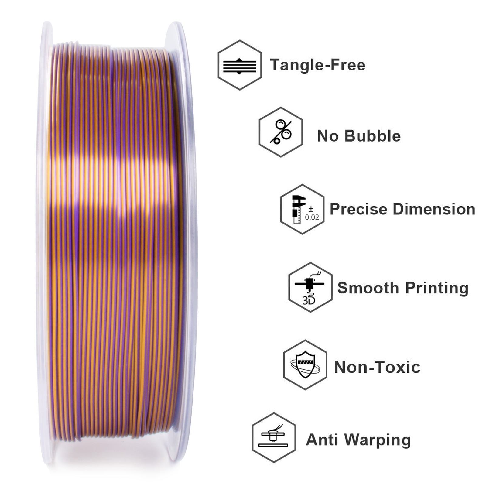 Geeetech 5pcs anti-pulling type 3D Printer PLA Filament 5KG（11ibs） Toughness Enhanced Filament with 1.75mm Dimensional Accuracy +/-0.03mm, Vacuum Packaging Two-tone purple and gold