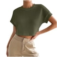 thumbnail image 1 of Pisexur Hauts pour Femmes, Hauts pour Femmes Mode Tendance Femmes Col Rond Manches Courtes Couleur Unie Chemise Décontractée Courte Blouses d'Été Vert Armée, m, 1 of 4