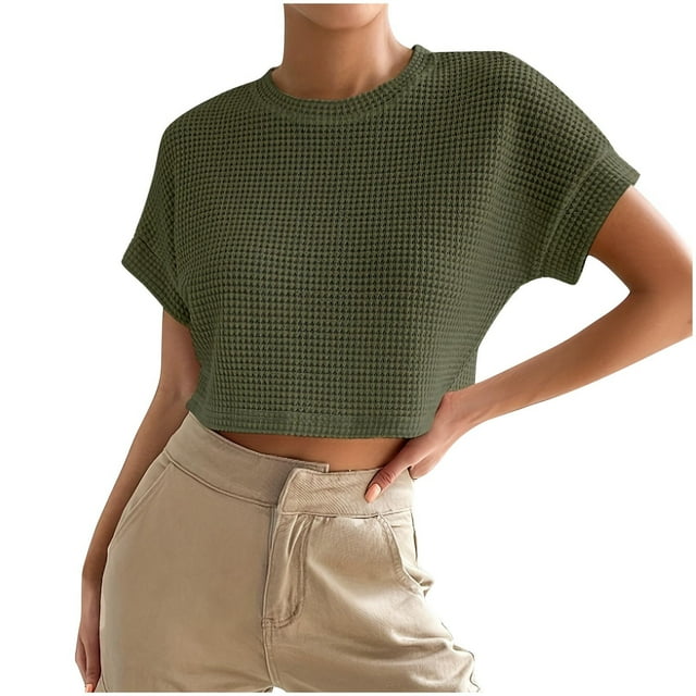Pisexur Hauts pour Femmes, Hauts pour Femmes Mode Tendance Femmes Col Rond Manches Courtes Couleur Unie Chemise Décontractée Courte Blouses d'Été Vert Armée, m