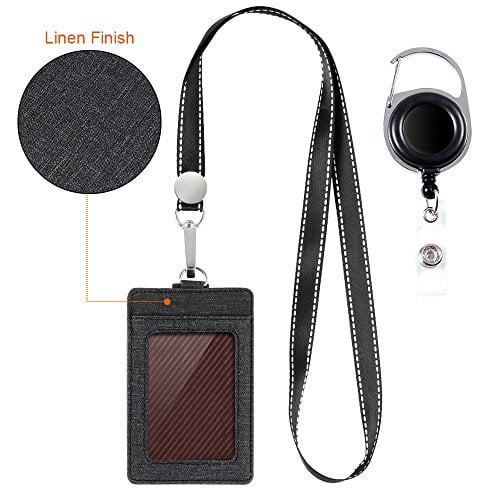 Life-Mate Badge Holder - Leather ID Card Holder Wallet Case with 3 Cards Slot and Neck Lanyard/Strap. Additional Retractable Badge Reel with Belt Clip (Black, Linen Finish)