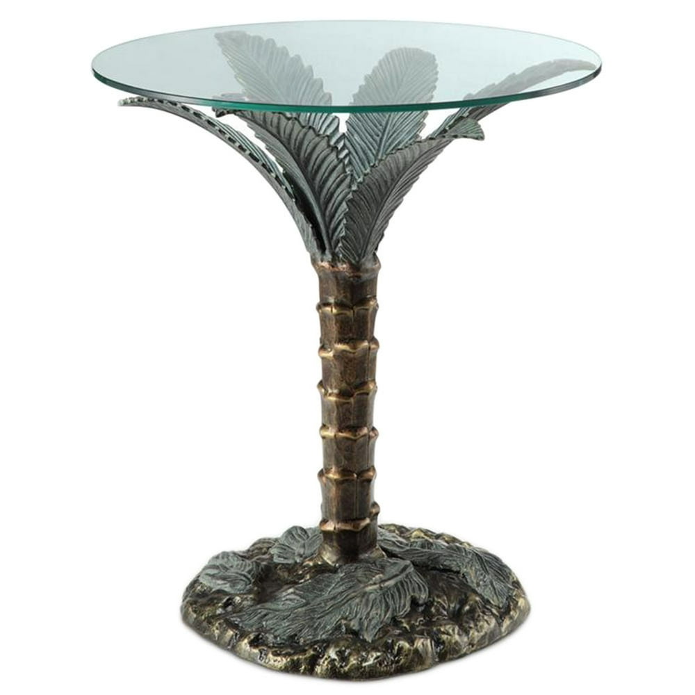 Cast Aluminum Palm Tree Glass Top End Table