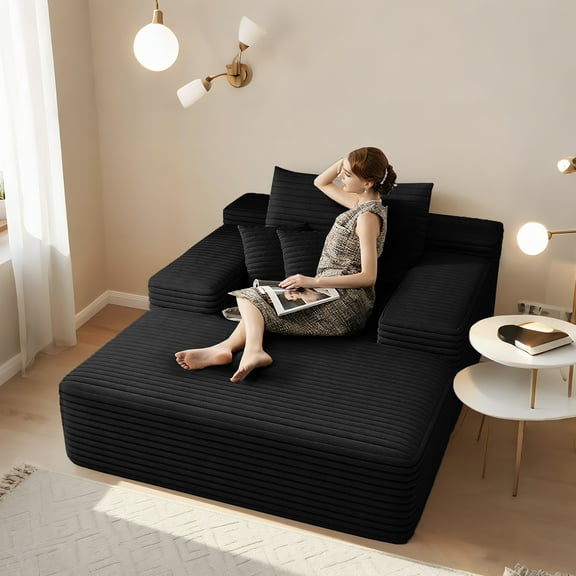 Oversized Chaise Lounge Chair Indoor, 68" Upholstered Cloud Sofa Bed, Fluffy Plush Sleeper Couch, Comfy Reading Chair for Living Room (Black)