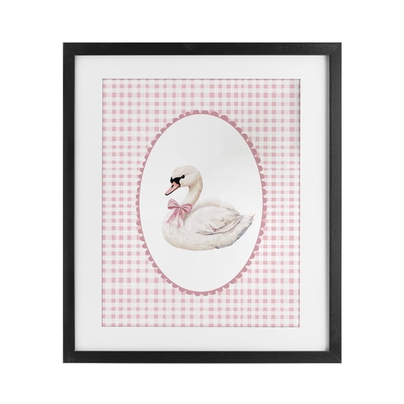 Gentle Swan on Pink Checkered Black Framed Print Under Glass, design by Christine Simpson Art