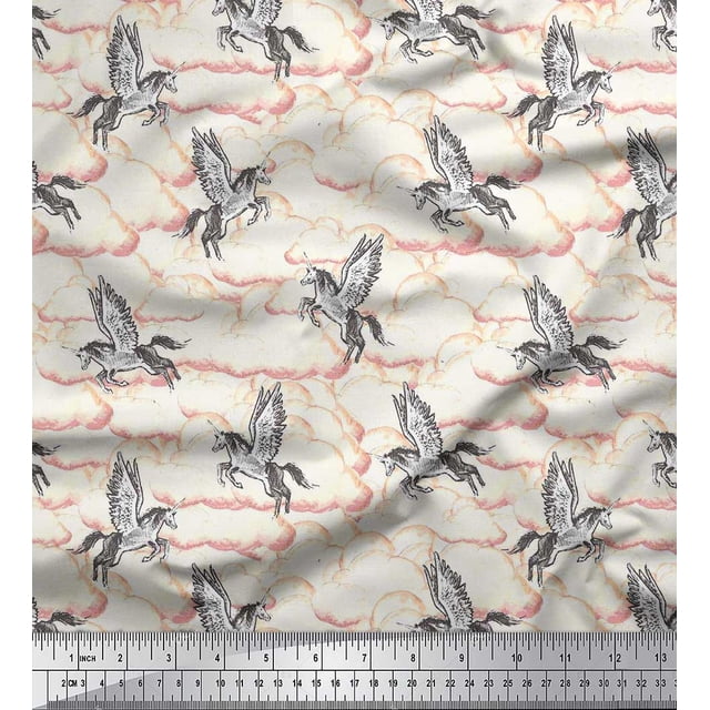 Soimoi Poly Georgette Fabric Cloud & Unicorn Animal Print Sewing Fabric Yard 42 Inch Wide
