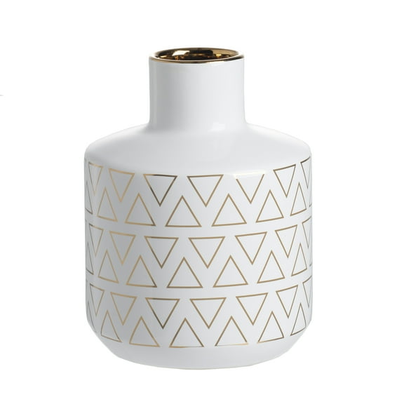 A&B Home White Ceramic Vase with Gold Geometric Pattern 5.9" x 5.9" x 7.9