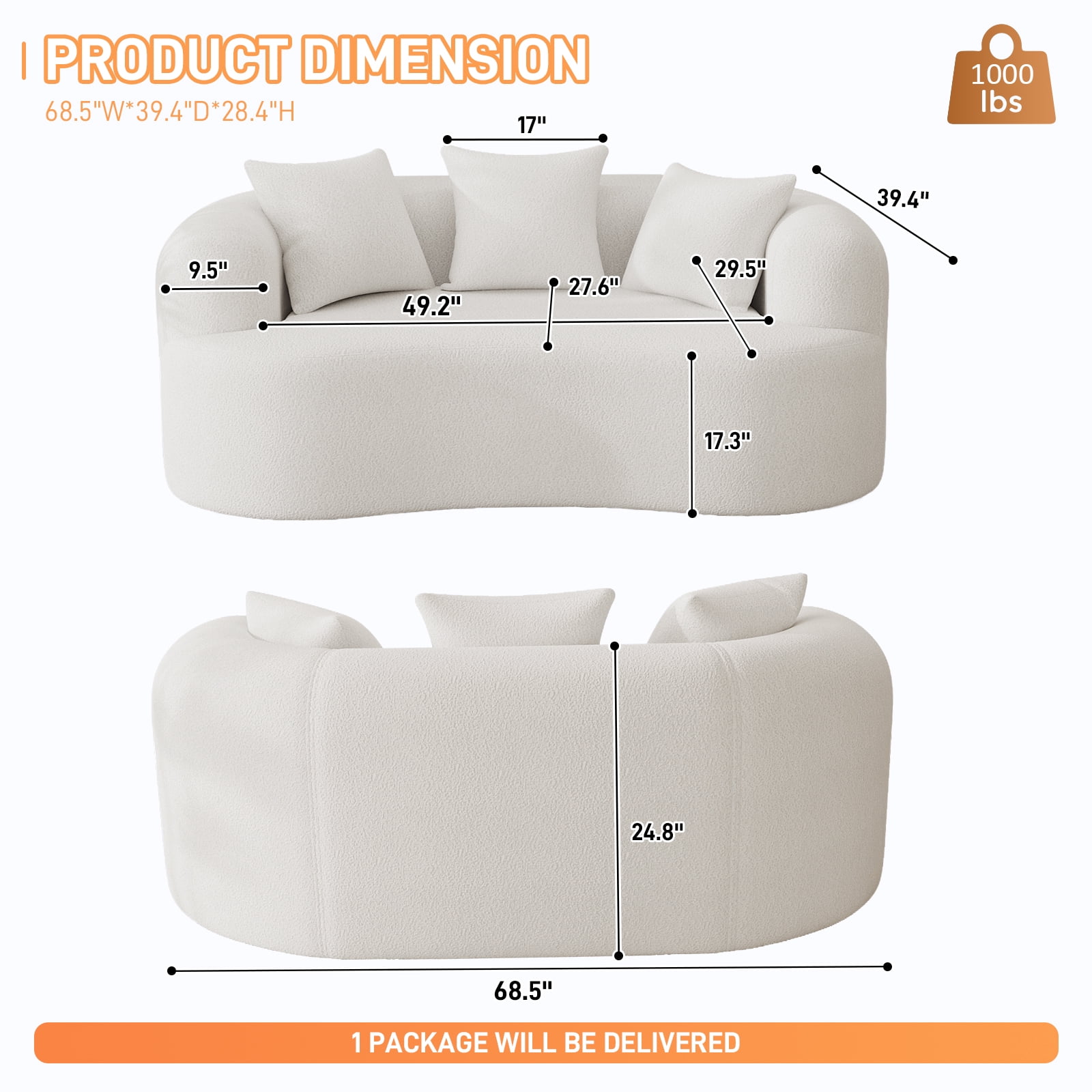 Wiilayok 68.5" Modern Chenille Sofa,Curved Sofa with Deep Seat,Cloud Compression Sofa Couch for Living Room,No Assembly,Beige