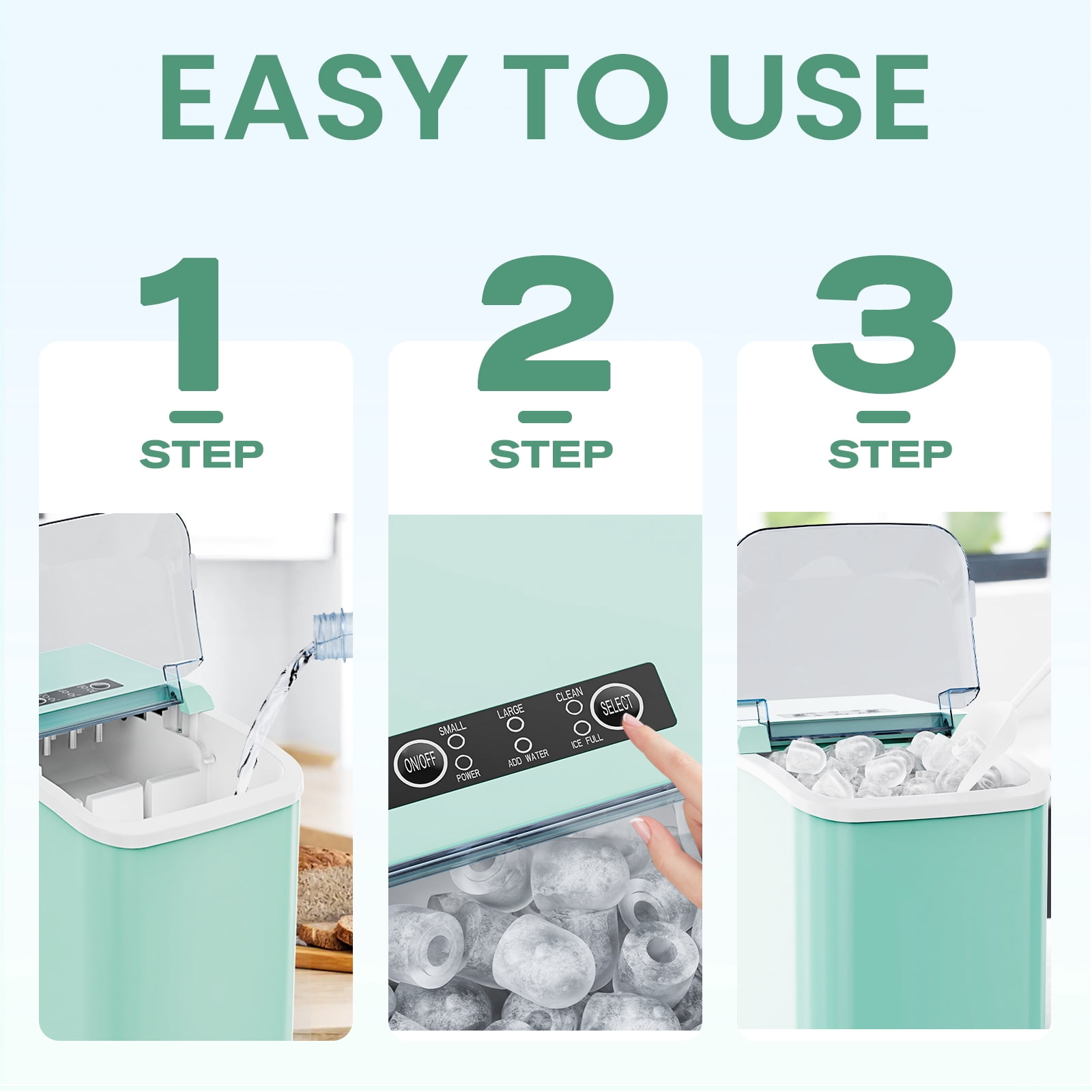 CONCETTA Countertop Ice Maker, Machine Self-Cleaning, 2 Sizes Bullet Ice, Portable Ice Machine with Ice Scoop, Basket and Handle, Green