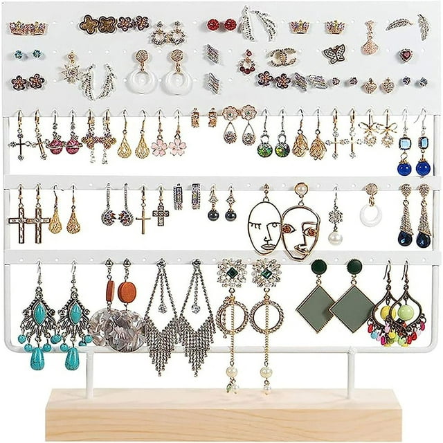 CHAO Organizador de joyas, 144 agujeros (blanco) con base de madera, soporte para pendientes colgantes