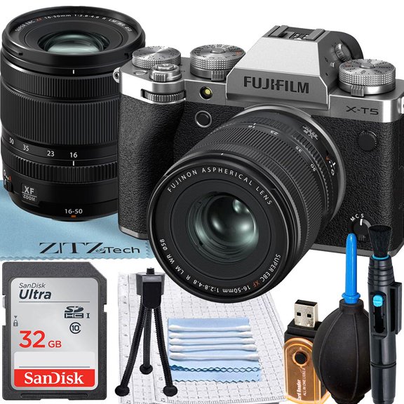 FUJIFILM X-T5 Appareil Photo Sans Miroir (Argent) avec Objectif XF 16-50mm + Carte Mémoire SanDisk 32 Go + Ensemble d'Accessoires ZeeTech