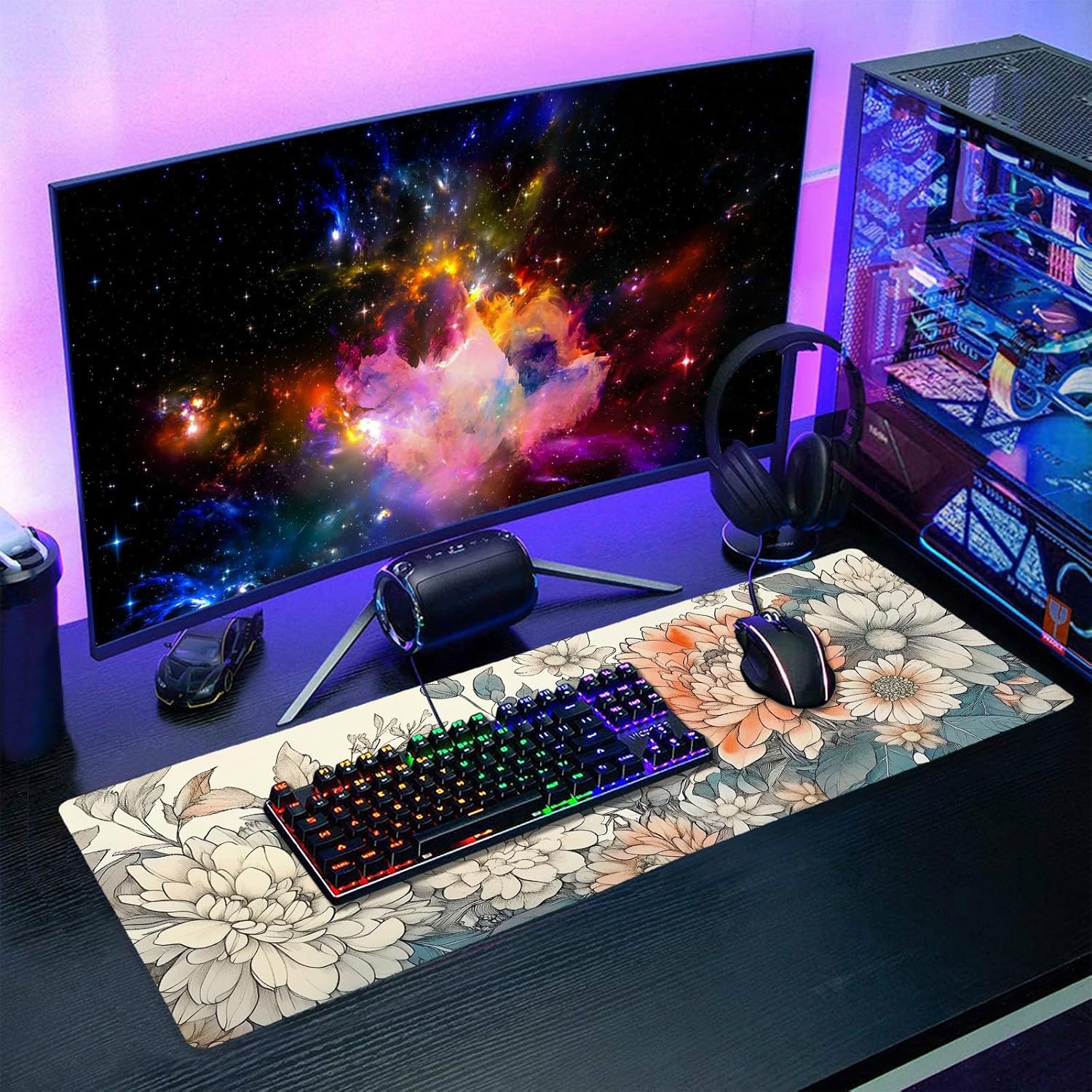 Japanese Aesthetic Floral Gaming Mouse Pad - XL Vintage Orange White Flowers, Extended Large Mat, Non-Slip Rubber Base, Stitched Edge, Long Keyboard Pad for Computer, 31.5x11.8 Inch