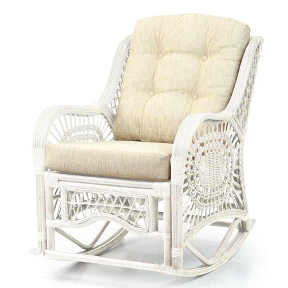 Malibu Lounge Rocking Chair ECO Handmade Natural Wicker Rattan White Color with Cream Cushion