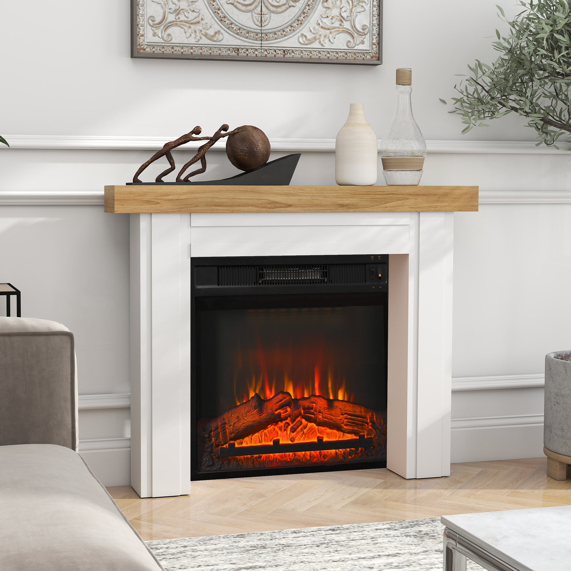 HOMCOM Modern Fireplace Mantel, Freestanding Fireplace Surround for Electric Fireplaces, with Leg, 51.2" W x 40.6" H, Natural Wood
