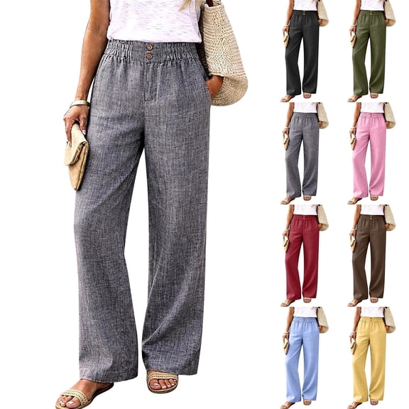 Breezora Straight Leg Woven Casual Pants for Women Summer Lightweight Pull On Trousers Comfortable Daily Work Bottoms with Pockets