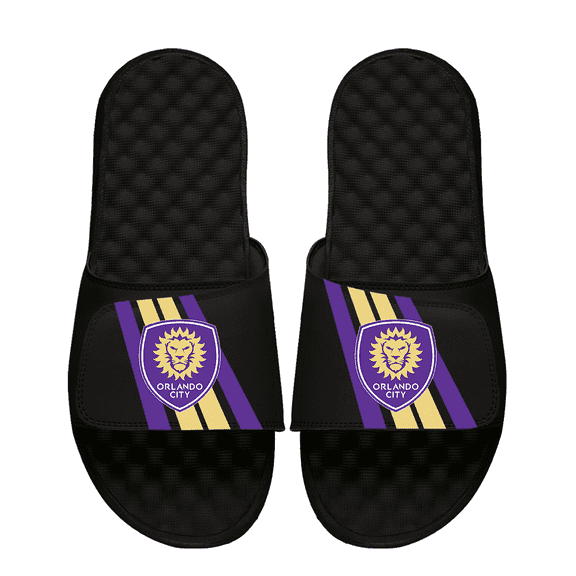 Youth ISlide Black Orlando City SC Vertical Stripes Slide Sandals