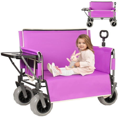 3 in 1 Collapsible Wagon Converts to Bench, Heavy Duty Folding Wagon Cart 500 lbs, Beach Wagon with Rear Folding Table & Cup Holders, All Terrain Utility Wagon for Camping, Garden, Fishing, Purple