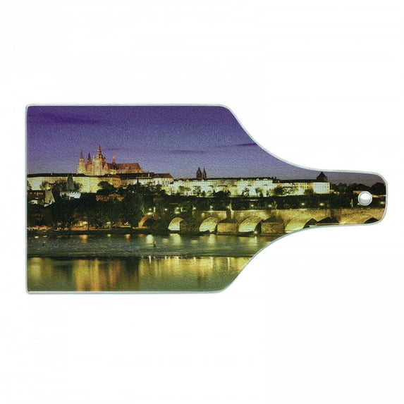 Travel Cutting Board, Charles Bridge Prague Czech Republic European Famous Landmark Castle View, Tempered Glass Cutting and Serving Board, Wine Bottle Shape, Purple Yellow Brown, by Ambesonne