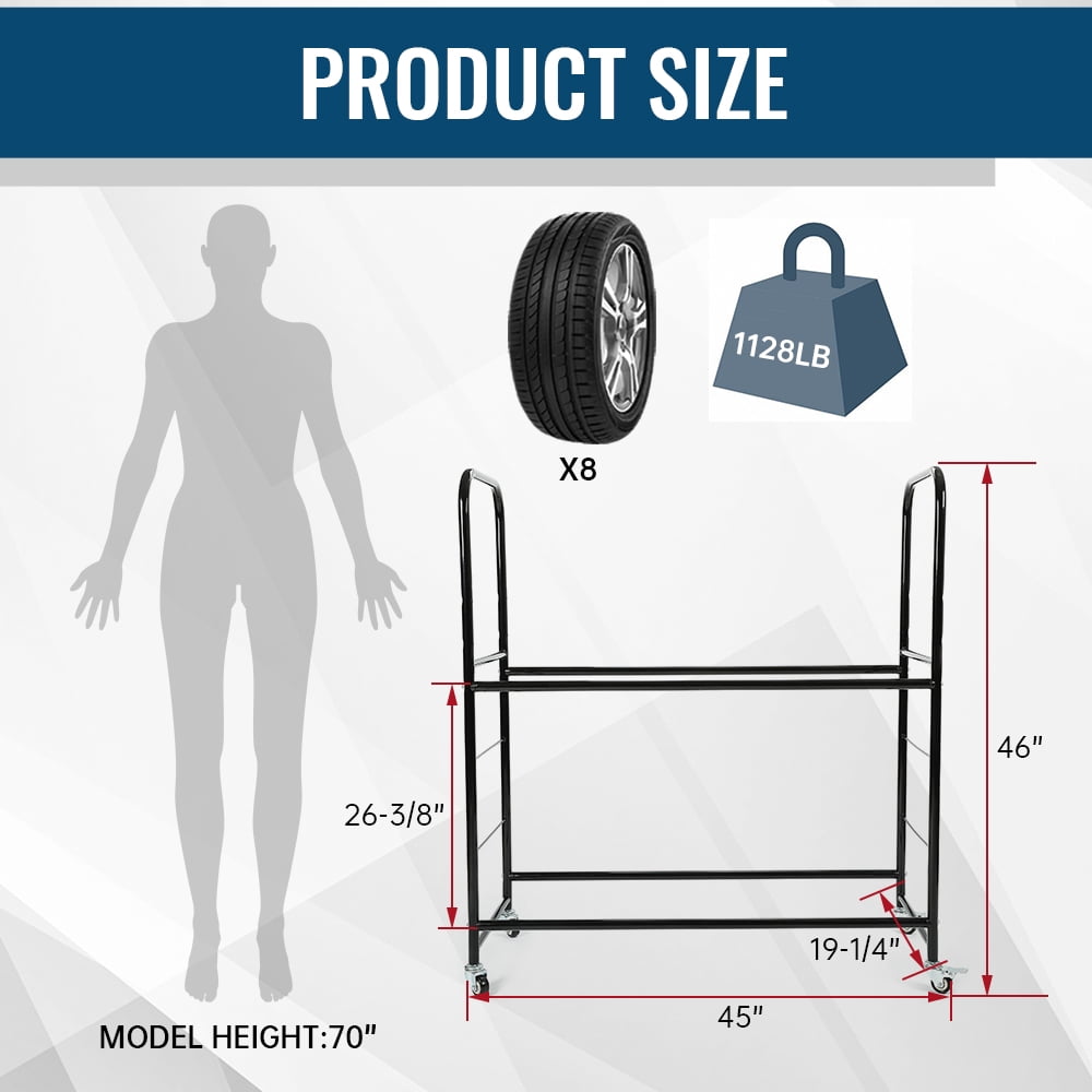 Kojem Universal Tire Storage Rack for Garage, Rolling Tire Organizer Shelving Rack w/ Adjustable Tire Stand, Steel Black, 46'' X 19'' X 44''
