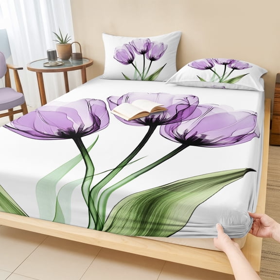 Cal.King Size Fitted Sheet Set - Purple Tulip 3 Piece Bedding Sets 16" Deep Pocket Fitted Sheet with 2 Pillowcases, Modern Blossom Pastel White Floral Petal Brushed Microfiber Hotel Luxury Bed Sheets