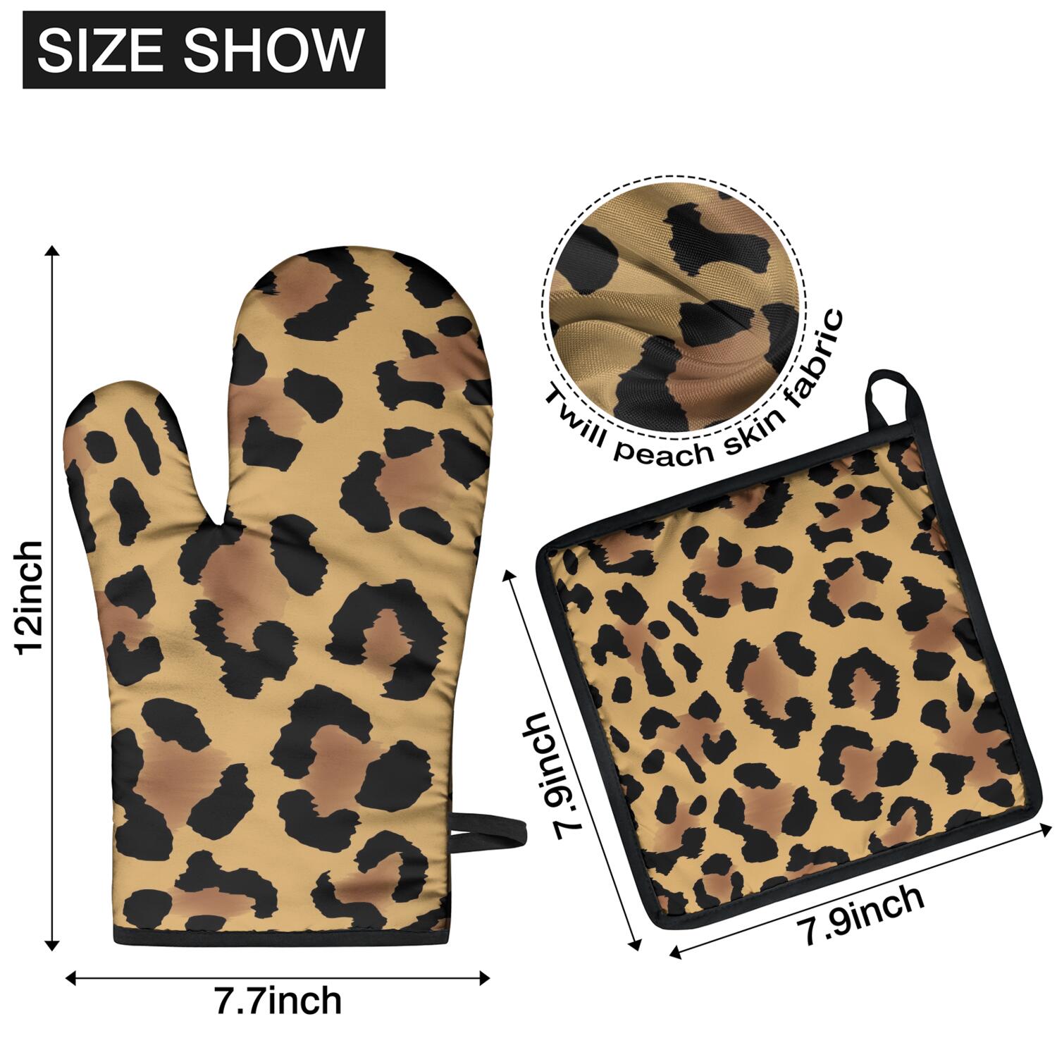 Leopard Print Oven Mitts and Pot Holders Set Of 4, Heat Resistant Kitchen Gloves with Non-Slip Grip, Hanging Loop, Soft Cotton Lining for Baking, Cooking, Grilling, Barbecue