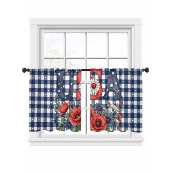 USA Independence Day Sheer Curtains 2 Panels Set, Summer Red Blue Floral Blue Plaid Light Filtering Rod Pocket Voile Drapes, Window Sheer Curtains for Living Room/Bedroom, 52'' W x 45'' L