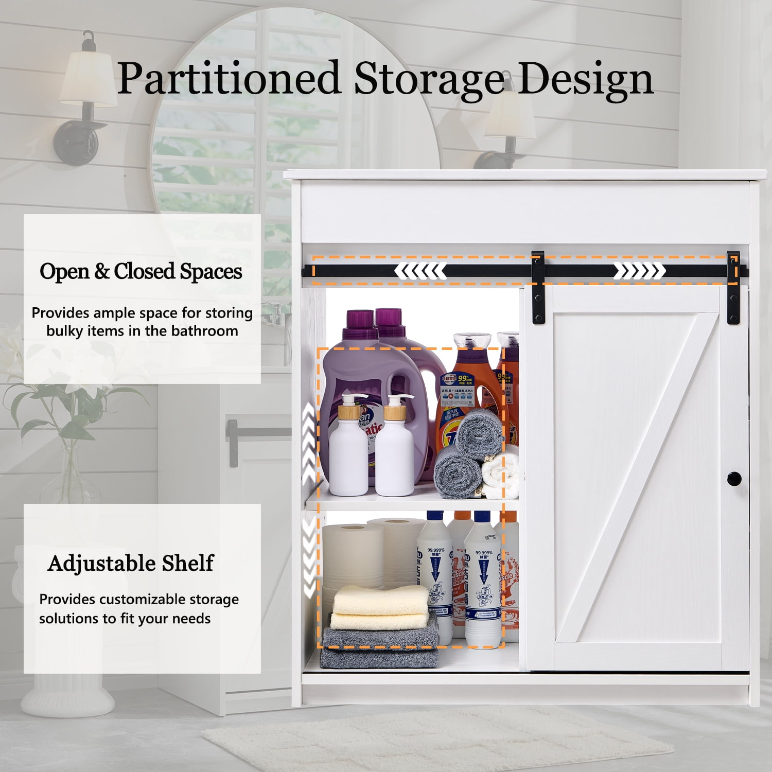 wow97e Farmhouse Bathroom Vanity with Sink, 24" Freestanding Bathroom Vanity Cabinet with Sliding Barn Door, 3 Storage Drawers & Adjustable Shelves