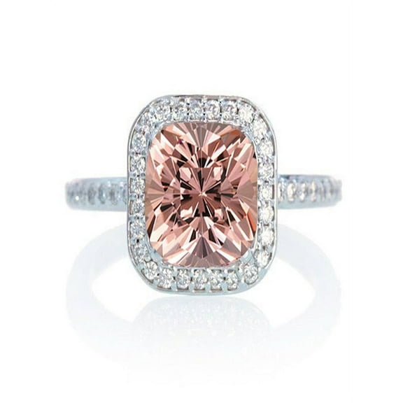 1.5 Carat Cushion Cut Classic Morganite and diamond Halo Multistone Engagement Ring on 10k White Gold