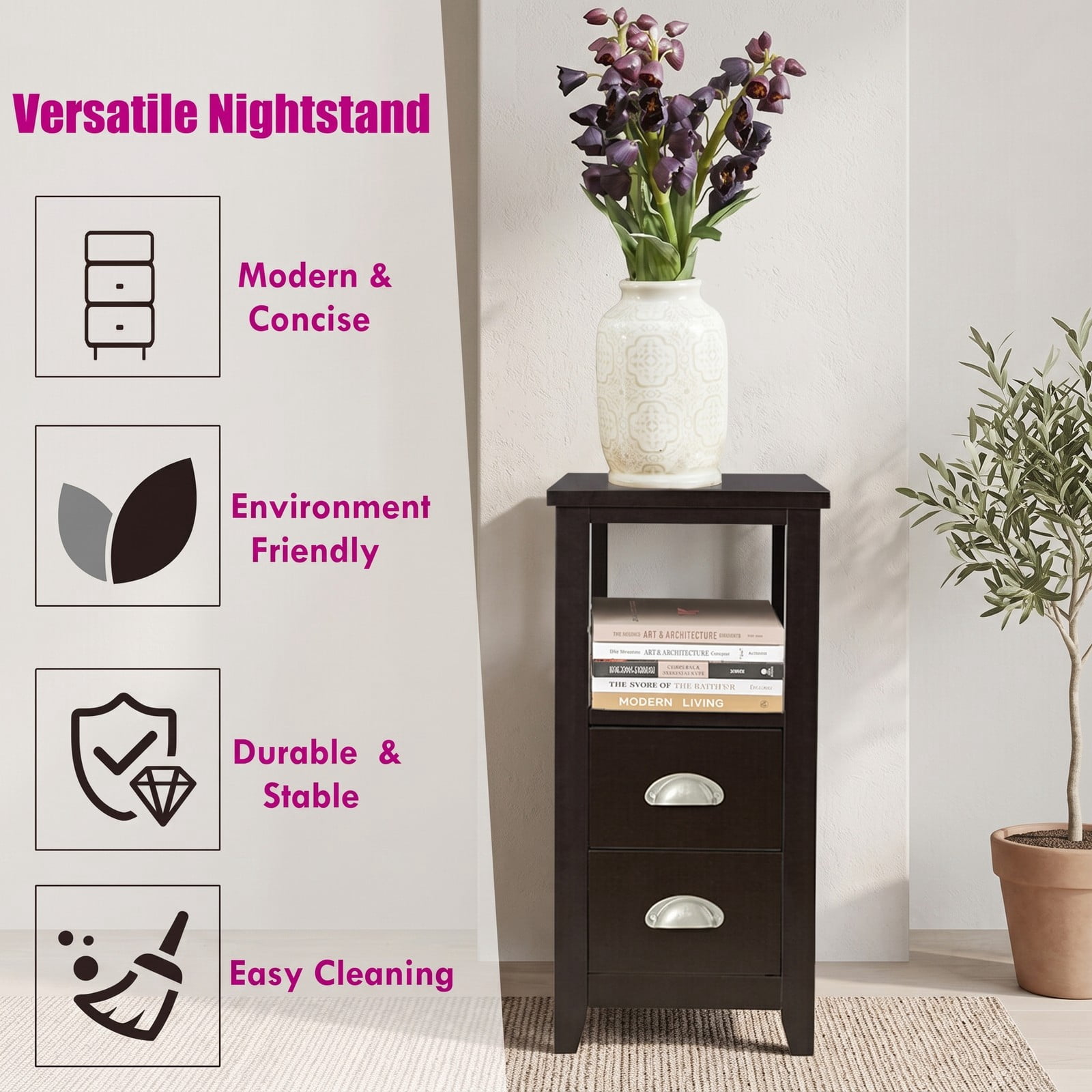 Furnibear Set of 2 Narrow Nightstands with 2 Drawers and Open Shelf Wooden Bedside End Tables for the Bedroom, Dark Brown