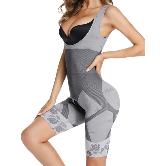 QRIC Full Body Shaper for Woman Bodysuit Waist Trainer Cincher Corset Tummy Control Thigh Slimmer Shapewear Compression Garments Gray S/M