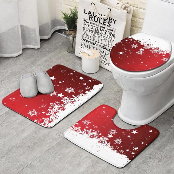Red Christmas Snowflake Pattern Bathroom Rugs Sets 3 Piece,Toilet Cover Set,Absorbent Non Slip Bathroom Mats Sets with U-Shaped Contour Rug Toilet Rug Set