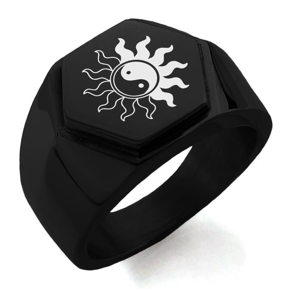 Stainless Steel Blazing Sun Yin Yang Engraved Hexagon Crest Flat Top Biker Style Polished Ring