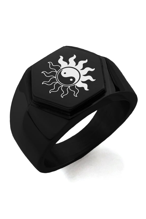 Stainless Steel Blazing Sun Yin Yang Engraved Hexagon Crest Flat Top Biker Style Polished Ring