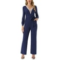 thumbnail image 1 of INSPIRAR CHIC Mono de Manga Larga con Cuello en V para Mujeres con Cinturón, Pantalones Anchos y Elásticos con Bolsillos, L Azul Marino, 1 of 5