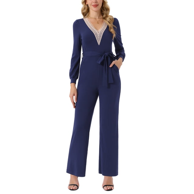 INSPIRAR CHIC Mono de Manga Larga con Cuello en V para Mujeres con Cinturón, Pantalones Anchos y Elásticos con Bolsillos, L Azul Marino