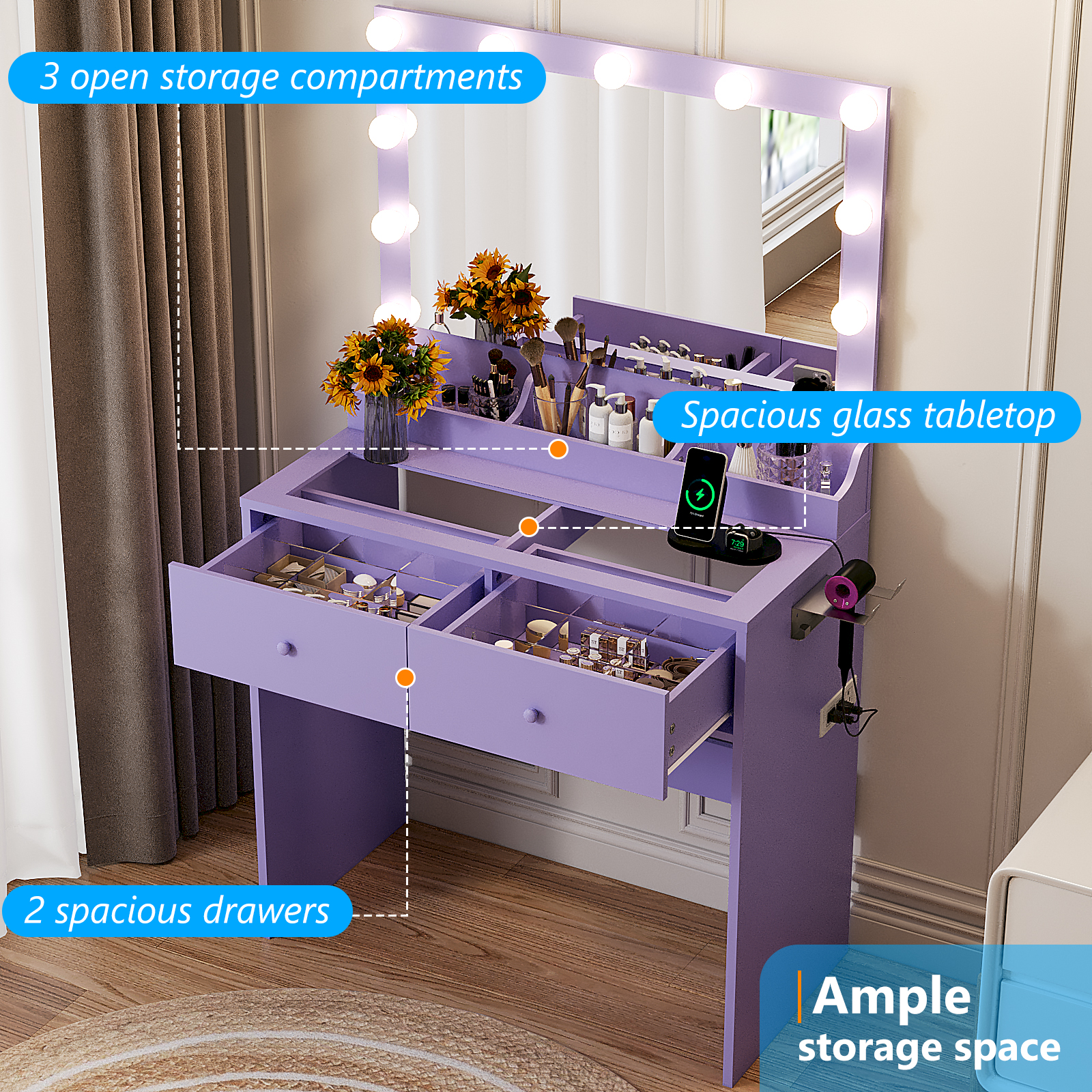 Zimtown Vanity with Mirror and Light, Makeup Desk  with Charging Station and Storage, Dressing Table with Hair Dryer Rack for Bedroom, Sophia Purple