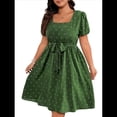 thumbnail image 3 of Vestido Elegante de Talla Grande con Lunares Retro, Cuello Cuadrado y Lazo en la Cintura para Mujer Verde L, 3 of 9