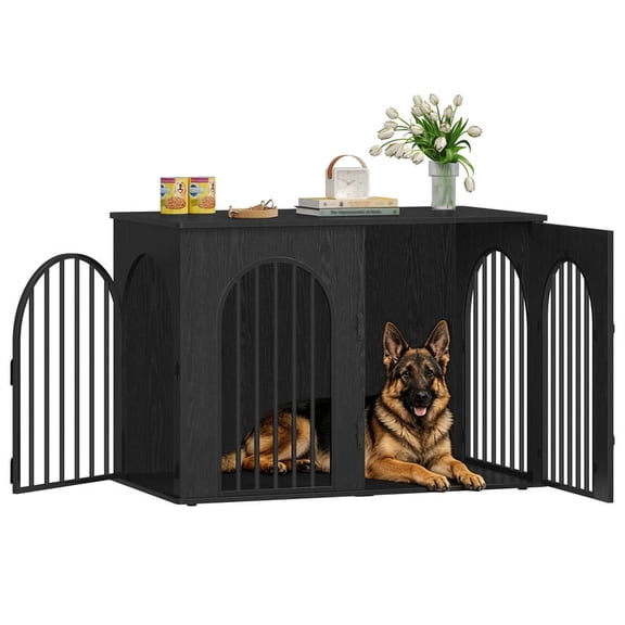 Hzuaneri Dog Crate Furniture, 46.5'' Wooden Indoor Dog Kennel with Multi‑Door & Anti‑Chew Iron Pipes for Medium‑Large Dogs, Black