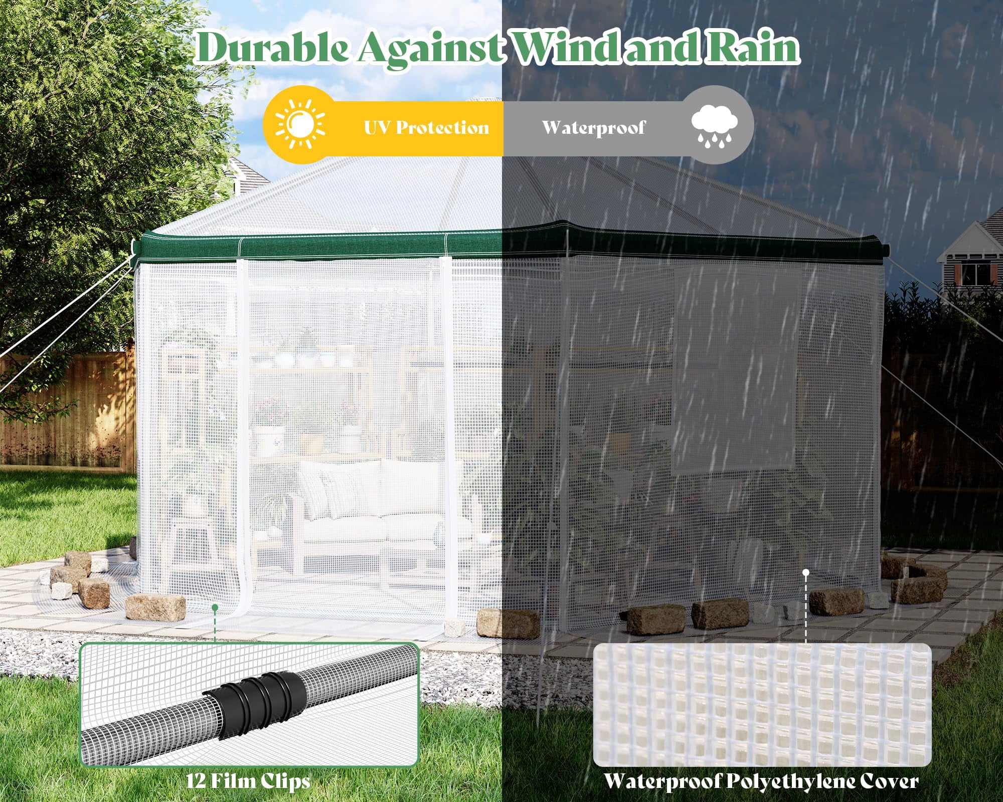 13.5x13.5x9 ft Hexagonal Walk-in Greenhouse for Outdoors, White/Green