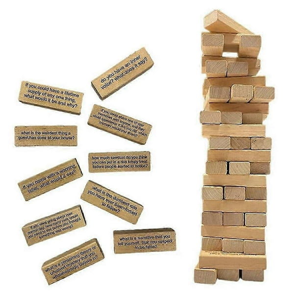 54 Pcs Questions Tumbling Tower Game,Adult Blocks Game,Lawn Yard Outdoor Game,Team Tower Game for K