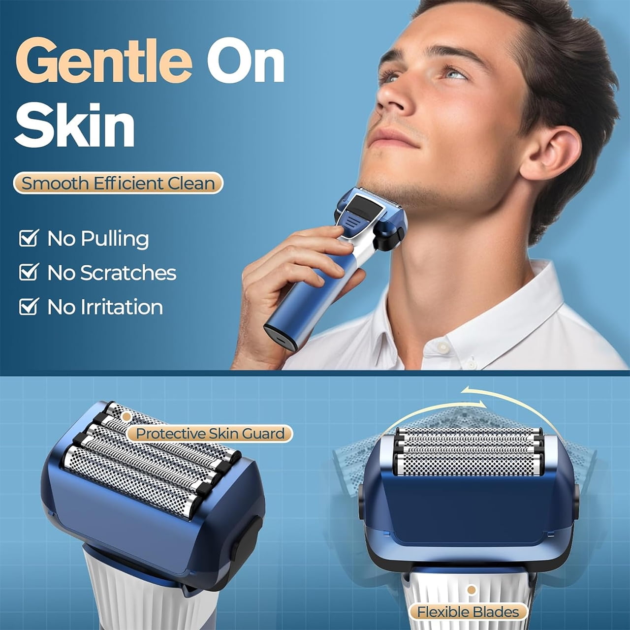 HATTEKER Electric Shaver Five-Head Mesh Shaver IPX6 Waterproof LED Display 2 Speed Settings Blue